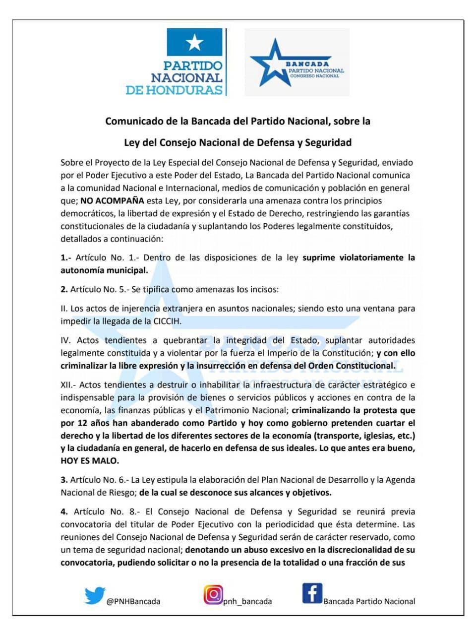 Partido Nacional dice que nueva Ley del CNDS criminaliza la libre expresión y resucita la Ley de Secretos