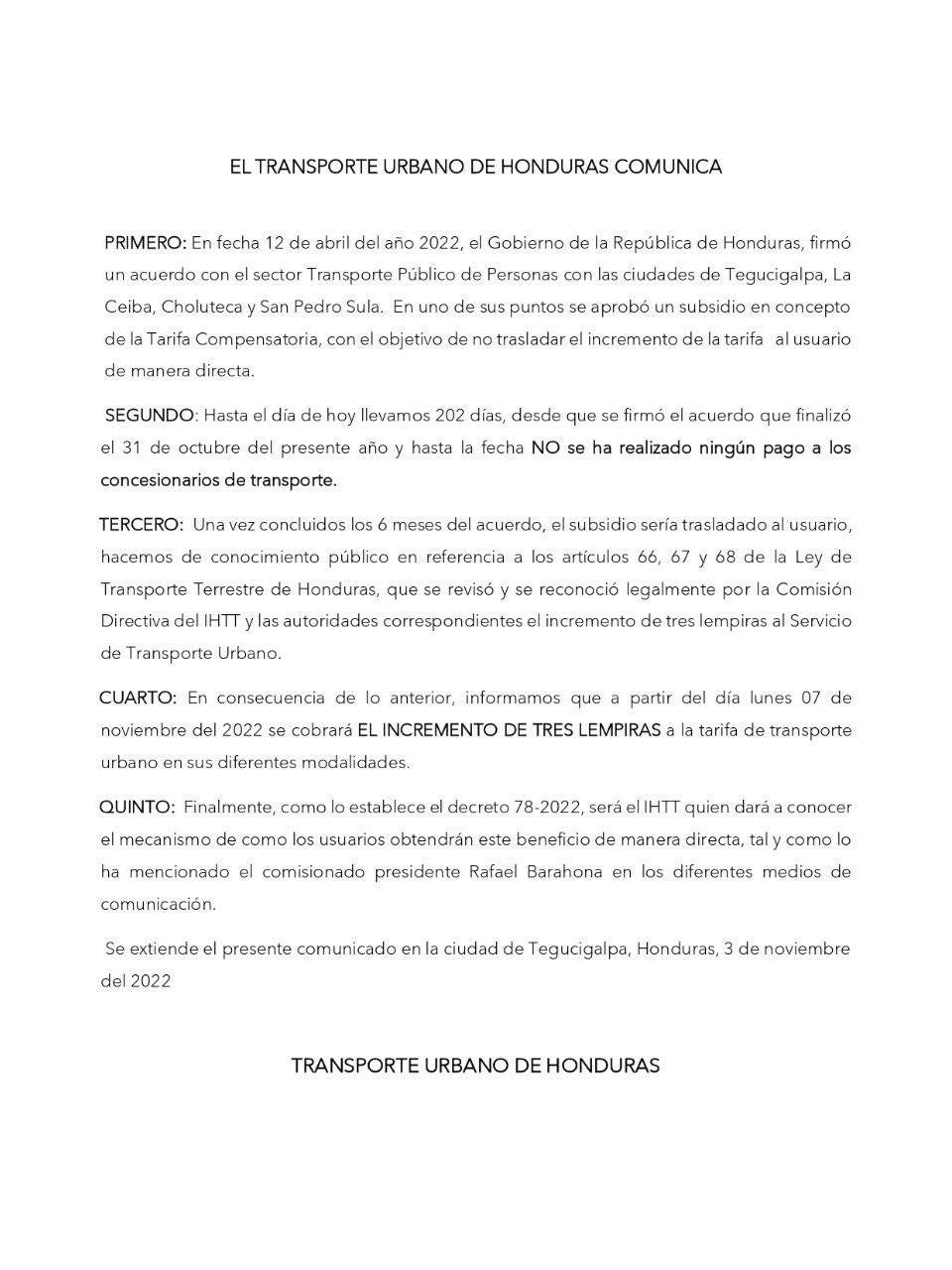 A partir del lunes aumenta tres lempiras el pasaje en transporte público urbano