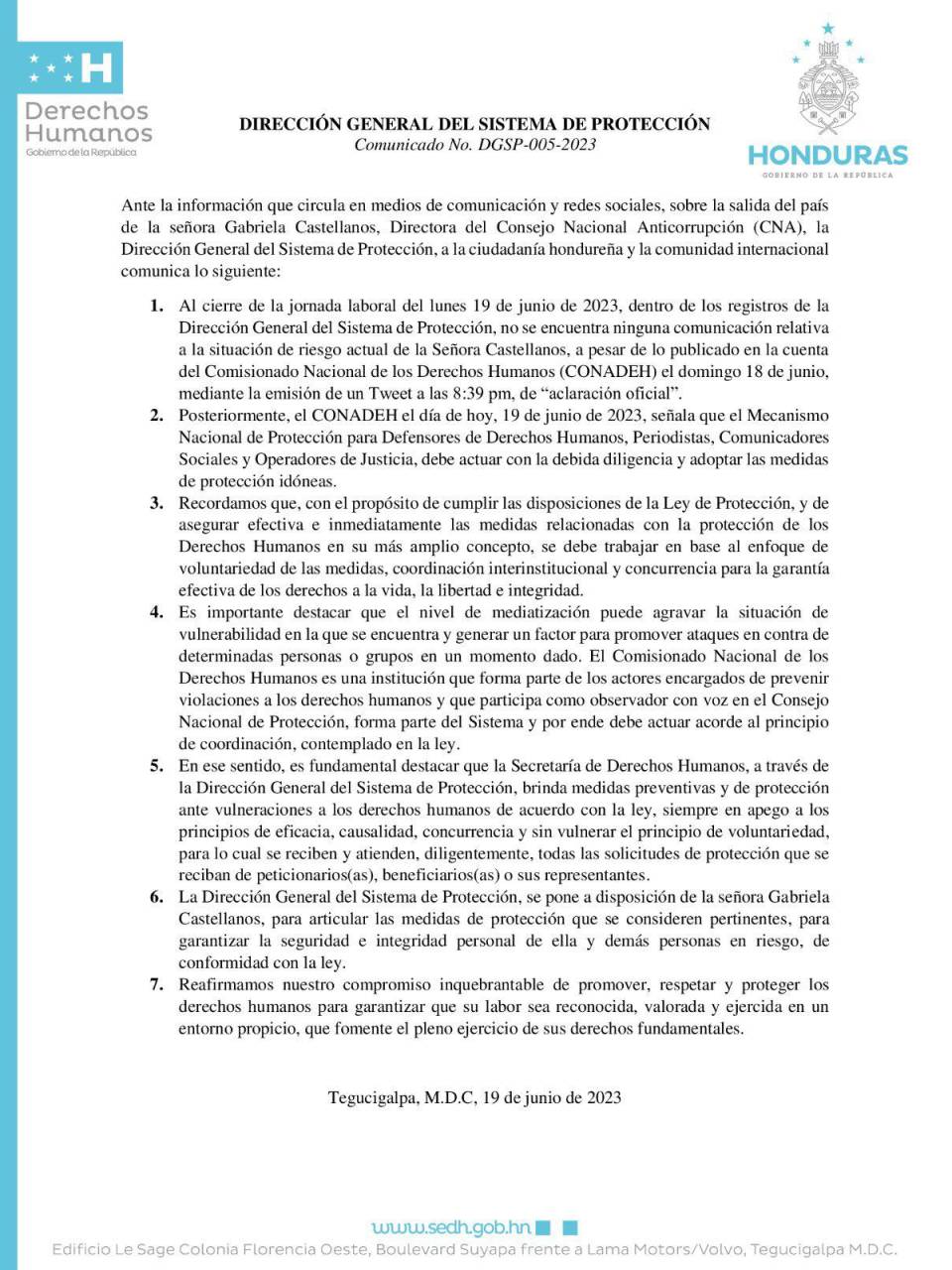 Secretaría de Derechos Humanos solicitará acceso a la denuncia de Gabriela Castellanos