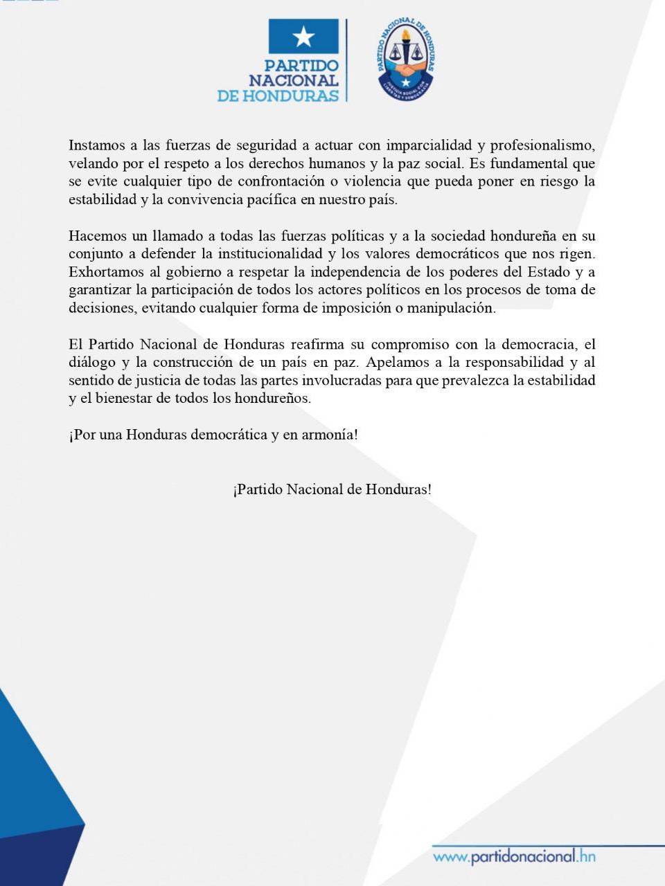 Partido Nacional rechaza intromisión del jefe de las Fuerzas Armadas en asuntos políticos