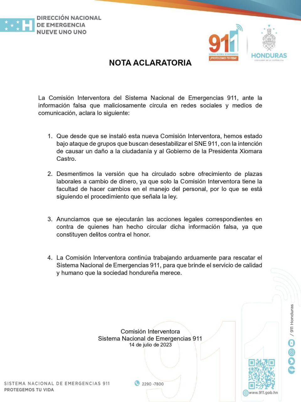 Comisión interventora niega que haya tráfico de plazas laborales en el 911