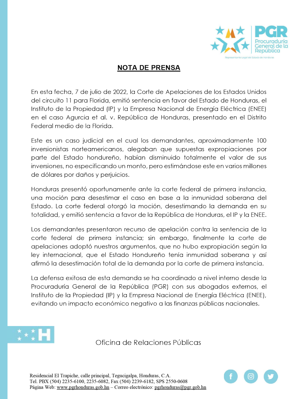 Corte de Apelaciones de Florida, EEUU, emite sentencia a favor de Honduras en caso de expropiaciones