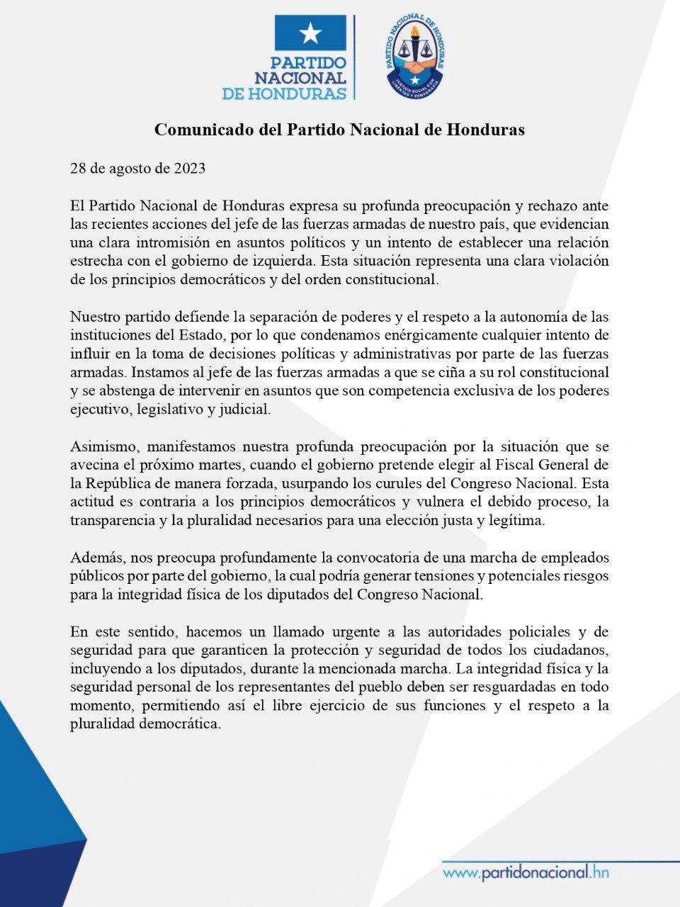 Partido Nacional rechaza intromisión del jefe de las Fuerzas Armadas en asuntos políticos