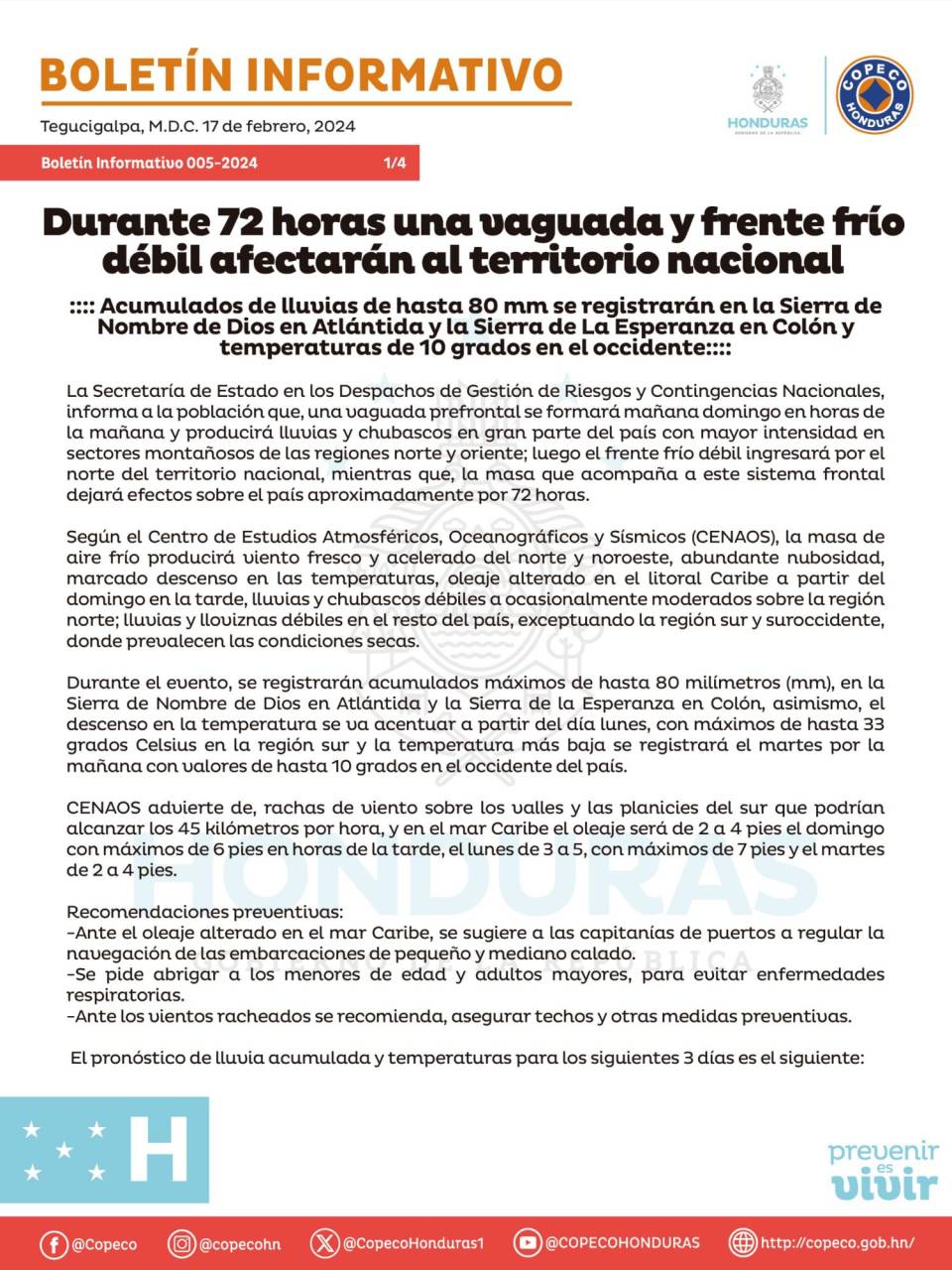 Vaguada y frente frío afectarán Honduras por 72 horas a partir del domingo