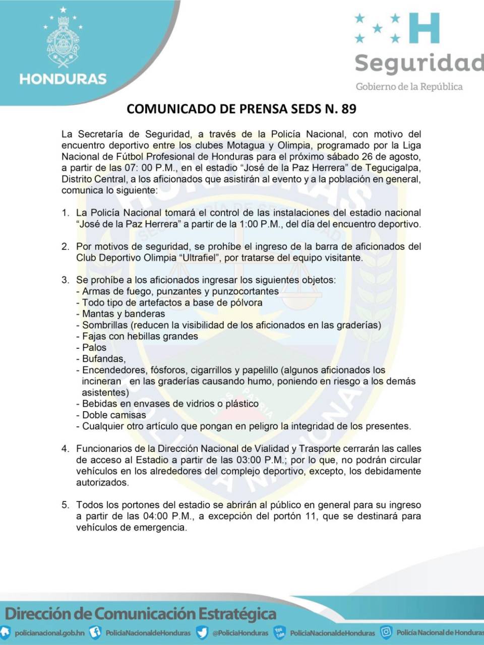 Policía Nacional fija prohibiciones para el clásico Motagua vs Olimpia