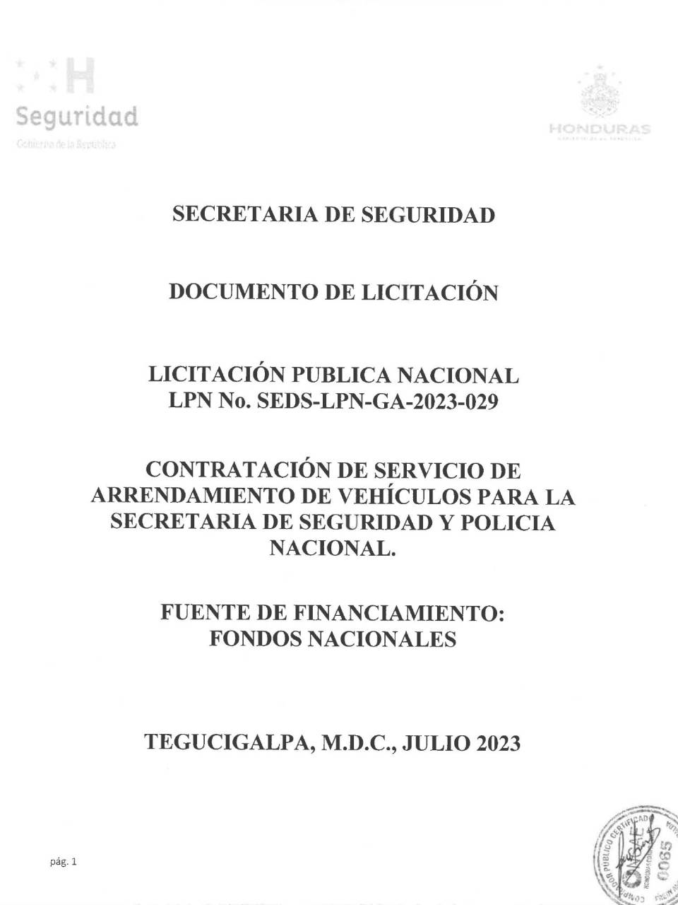 Licitación alquiler camionetas, patrullas, microbuses y vehículos para la Secretaría de Seguridad