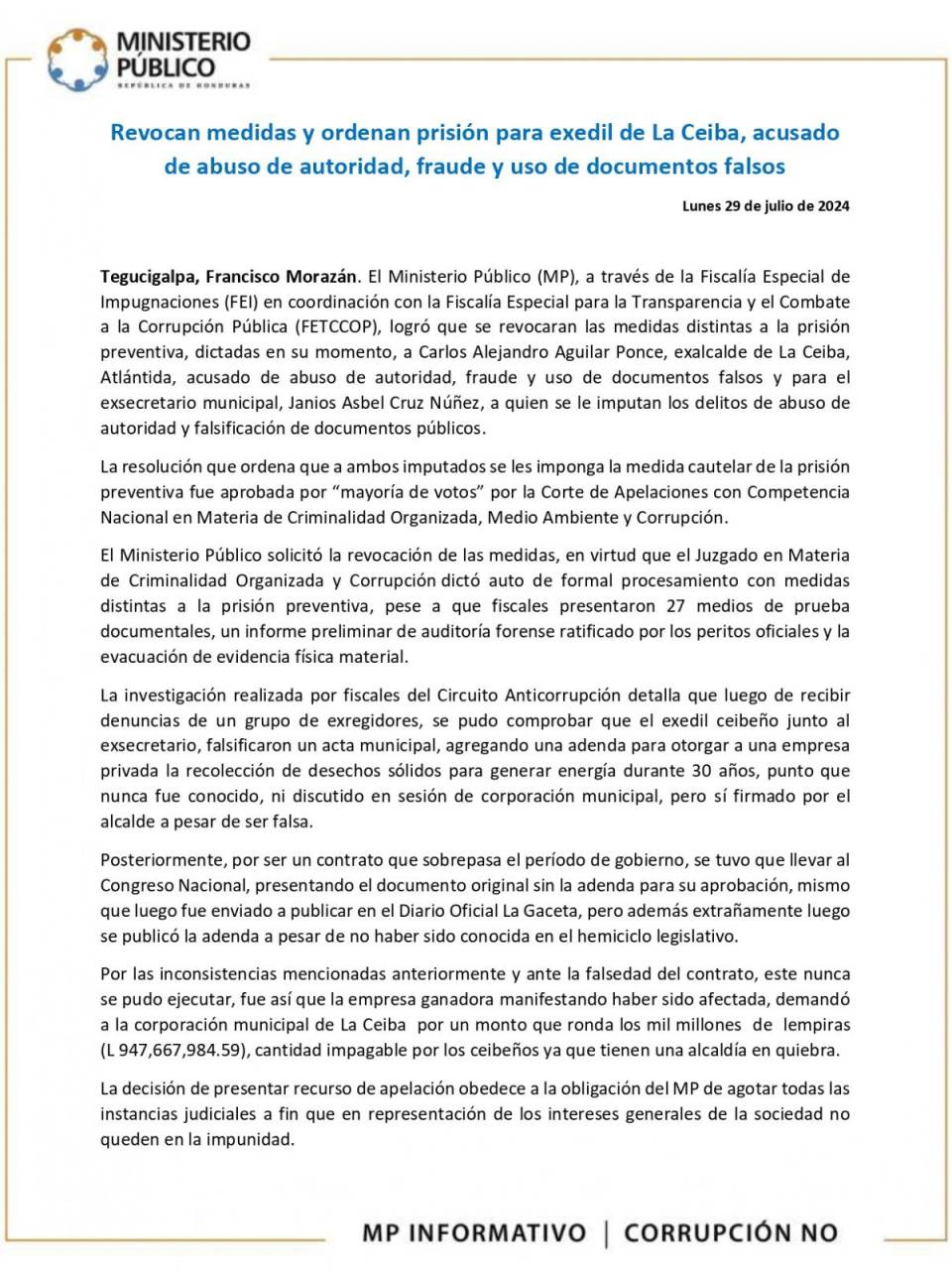 Dictan prisión contra exalcalde de La Ceiba, Carlos Aguilar tras revocar medidas de libertad