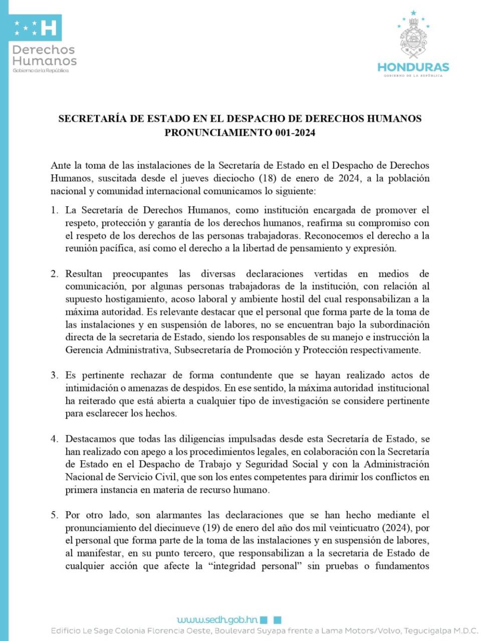 SEDH rechaza actos de intimidación y llama a trabajadores a diálogo