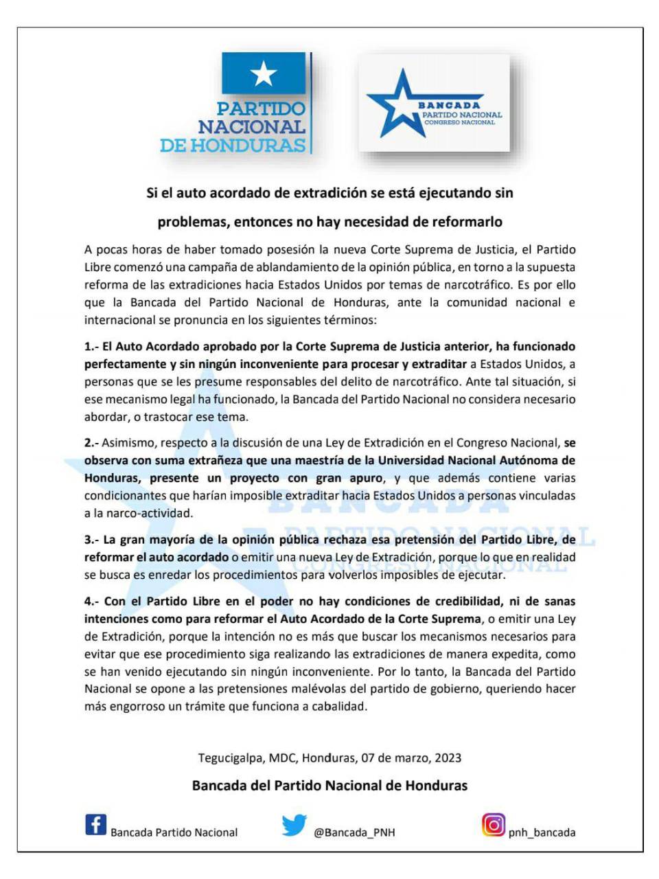 Partido Nacional se opone a reformar auto acordado o aprobar Ley de Extradición