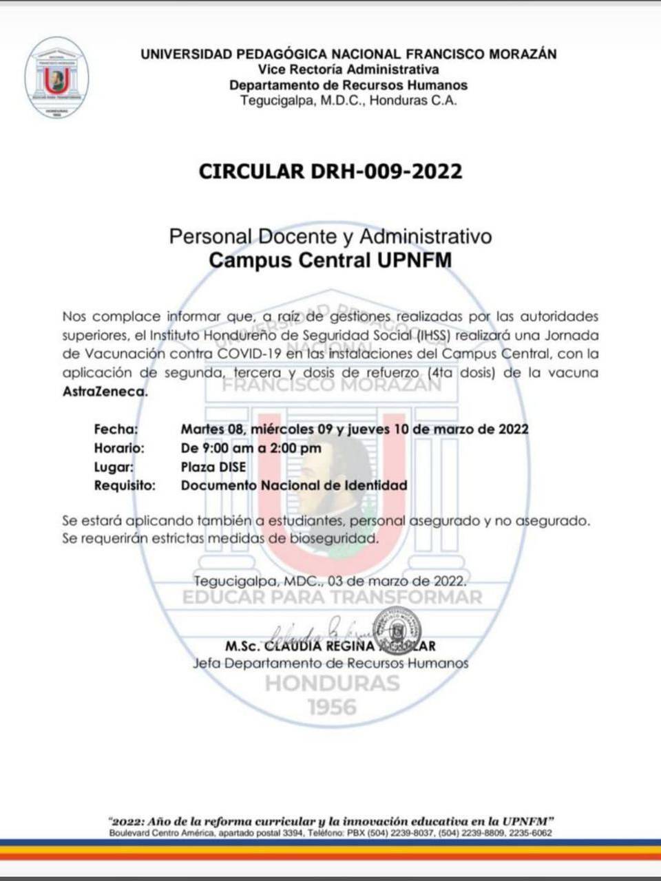 Circular difundida en la UPNFM.