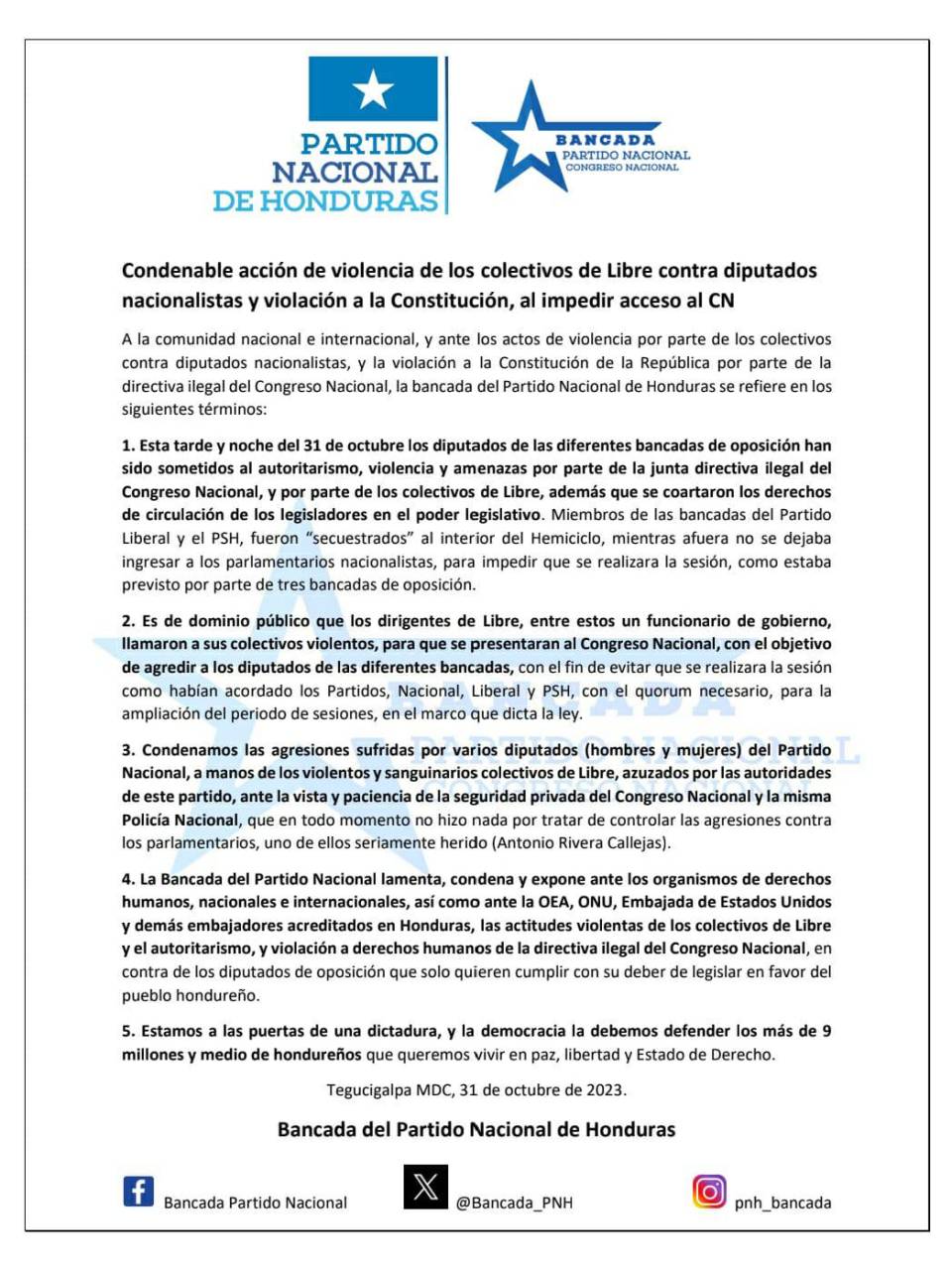 Partido Nacional denuncia autoritarismo de Junta Directiva por agresión a diputados