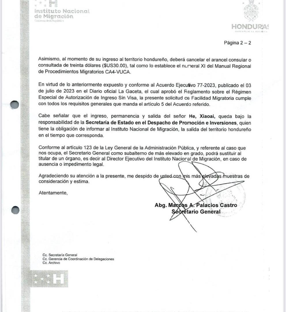 $!Copia de una facilidad migratoria firmada por el secretario general del Instituto Nacional de Migración, Marcos Palacios. Este tipo de documento ha permitido el ingreso irregular de chinos.