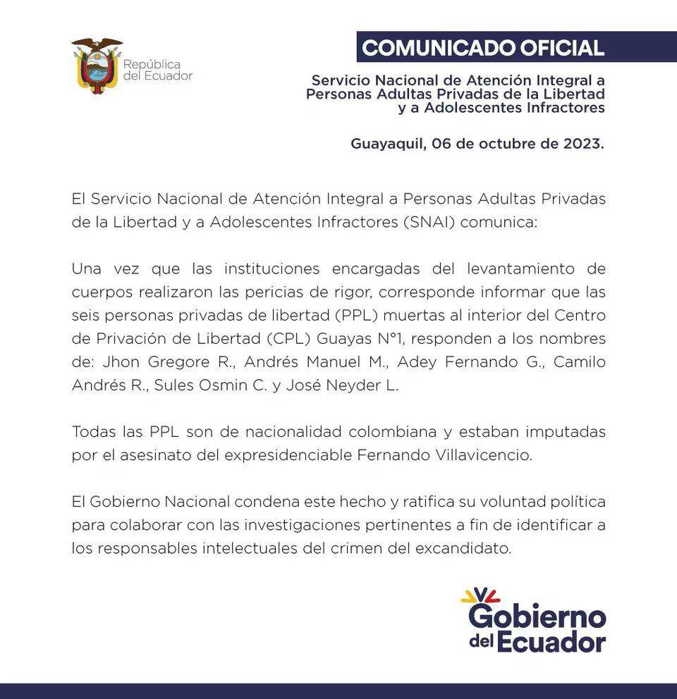 Asesinan a colombianos presos por crimen contra Fernando Villavicencio en Ecuador