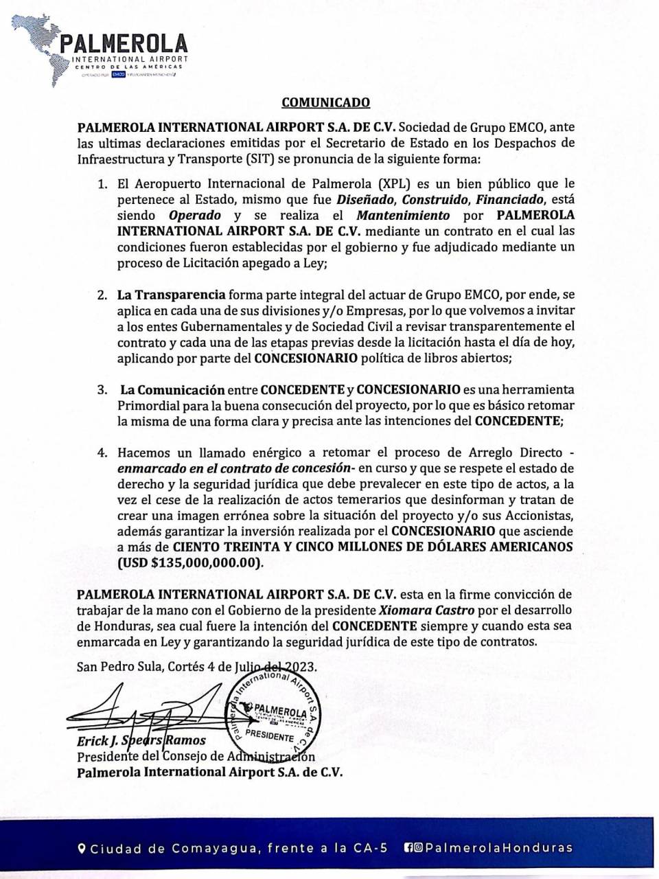 PIA hace llamado al gobierno para retomar contrato de concesión del Aeropuerto de Palmerola