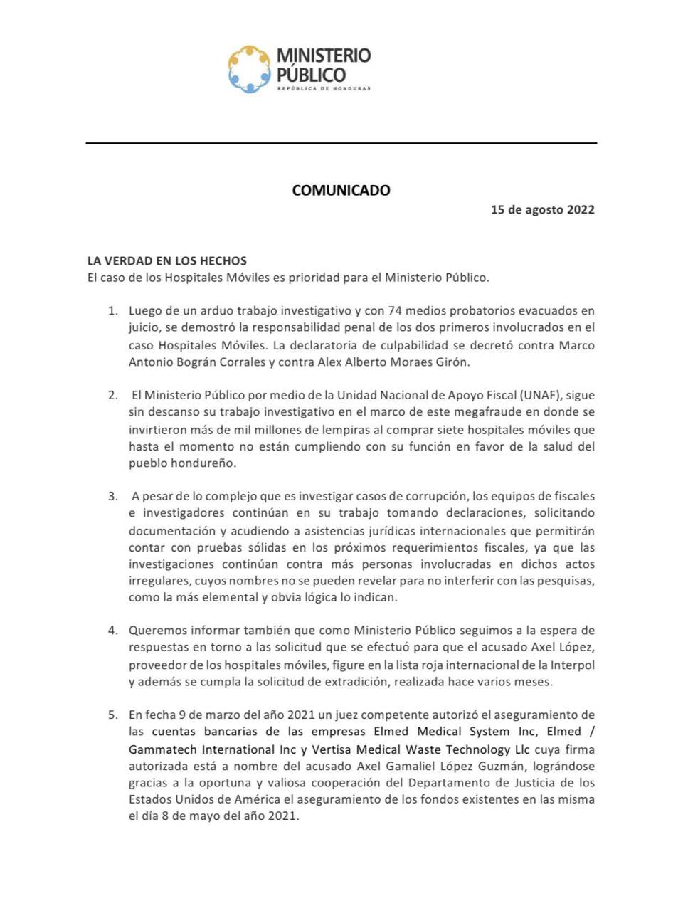 MP sobre caso “Hospitales móviles”: “Los equipos de fiscales e investigadores continúan en su trabajo”