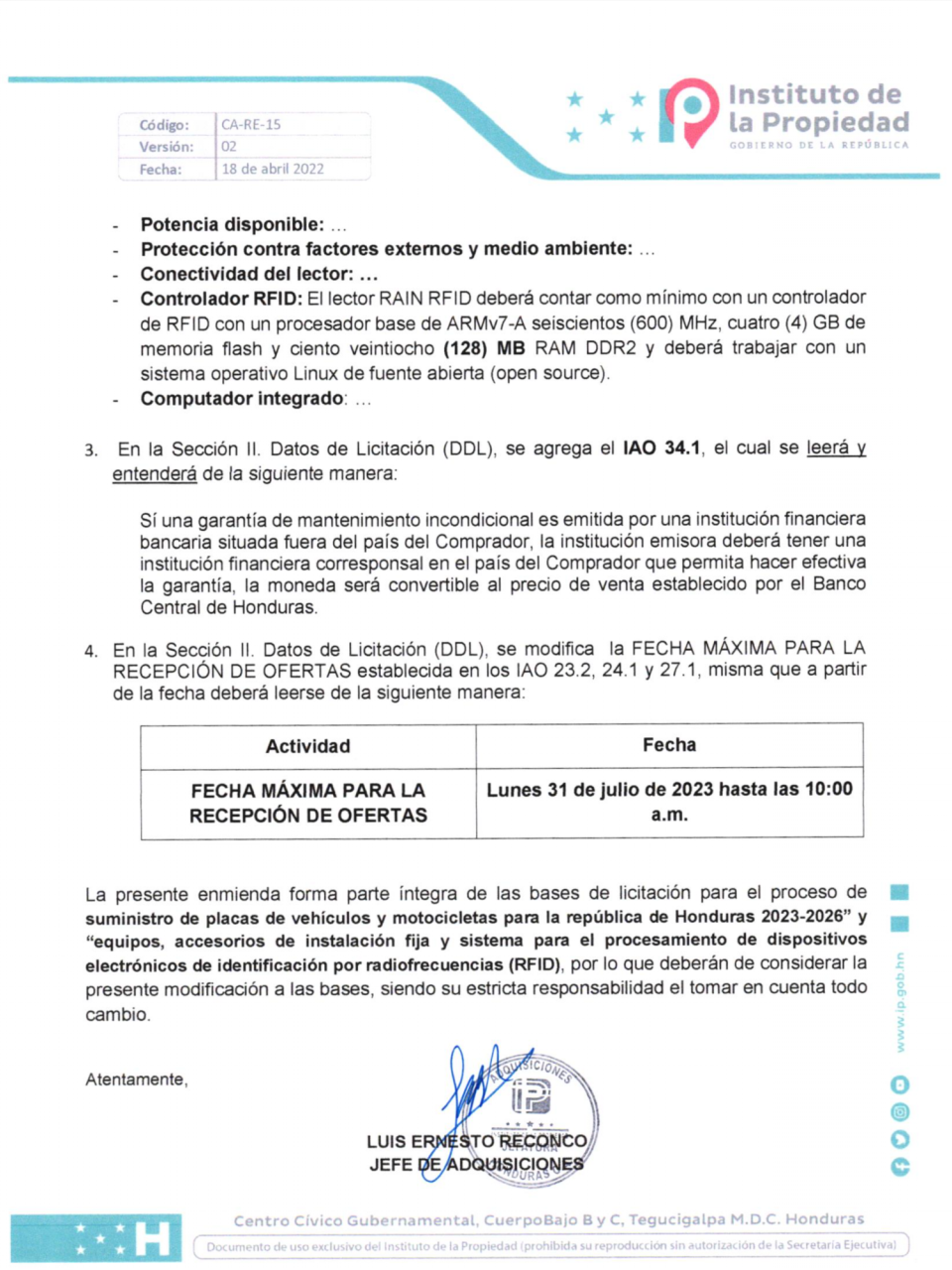 $!El IP realizó el primer cambio de fecha para recepción de ofertas dejando estipulado que sería el 31 de julio del 2023