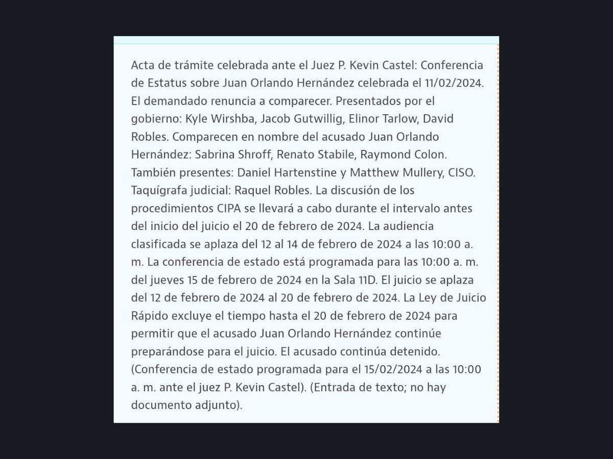 $!Captura de pantalla del acta de la audiencia de CIPA.