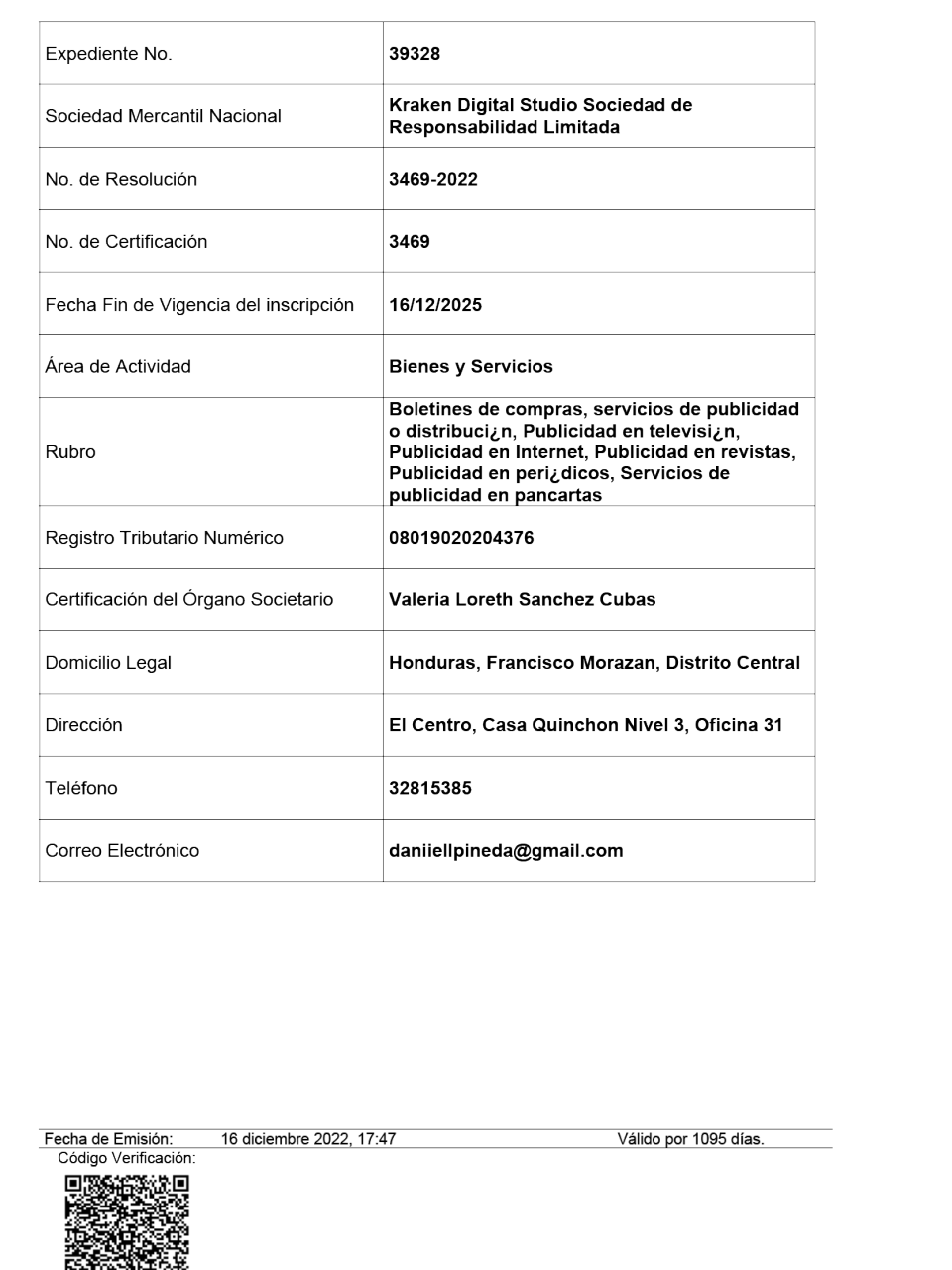 $!Ficha de inscripción de Kraken Digital Studio en ONCAE.