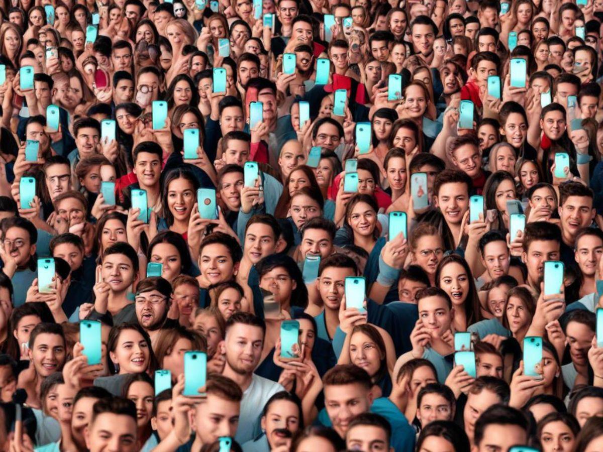 $!Esta ilustración muestra una multitud de personas consumiendo contenido en redes sociales y, fue creada con Inteligencia Artificial.