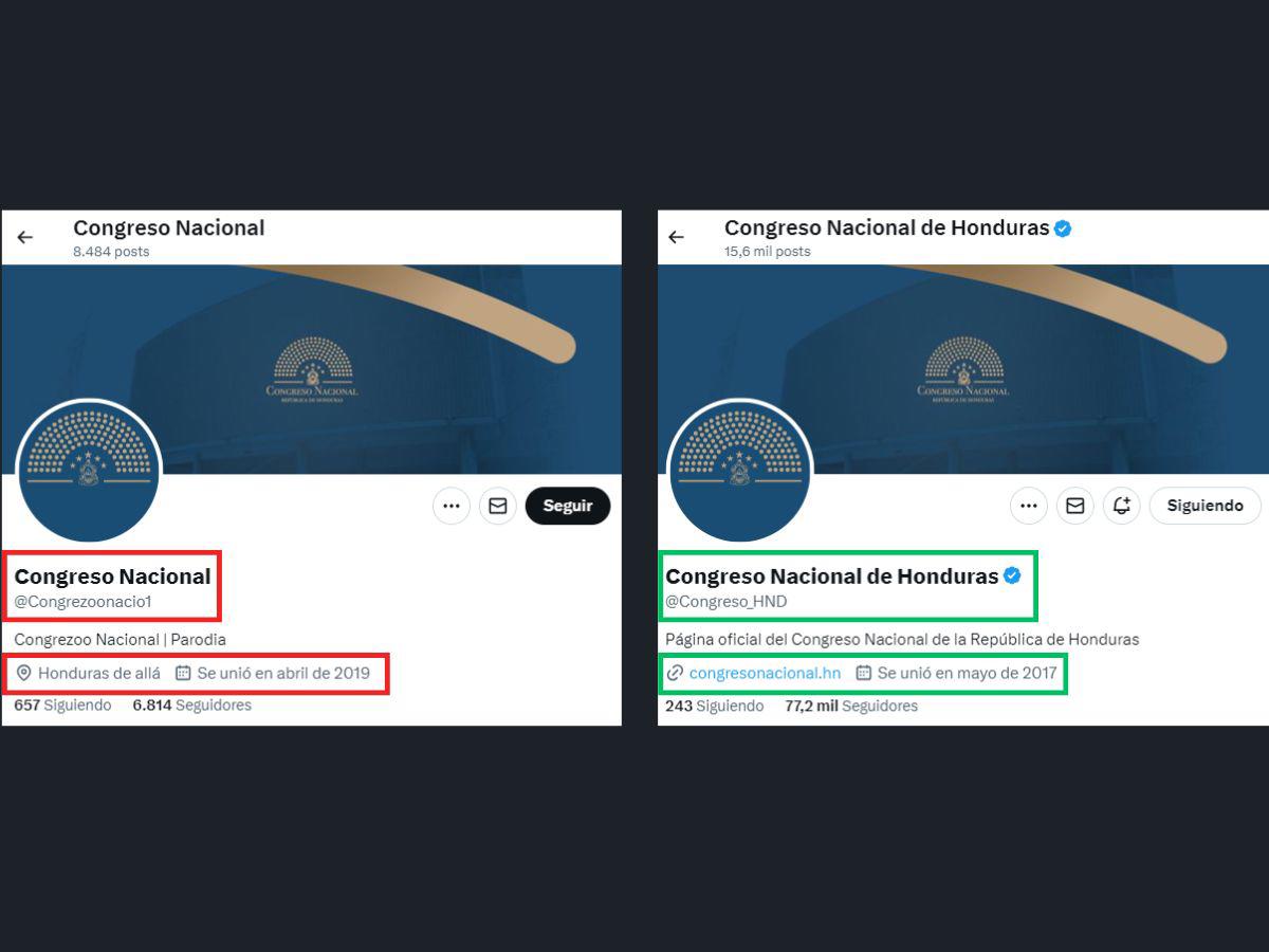 $!A la izquierda, una captura de pantalla a la cuenta que intenta suplanar al Congreso y, a la derecha, un pantallazo a la cuenta oficial del Congreso Nacional en X.