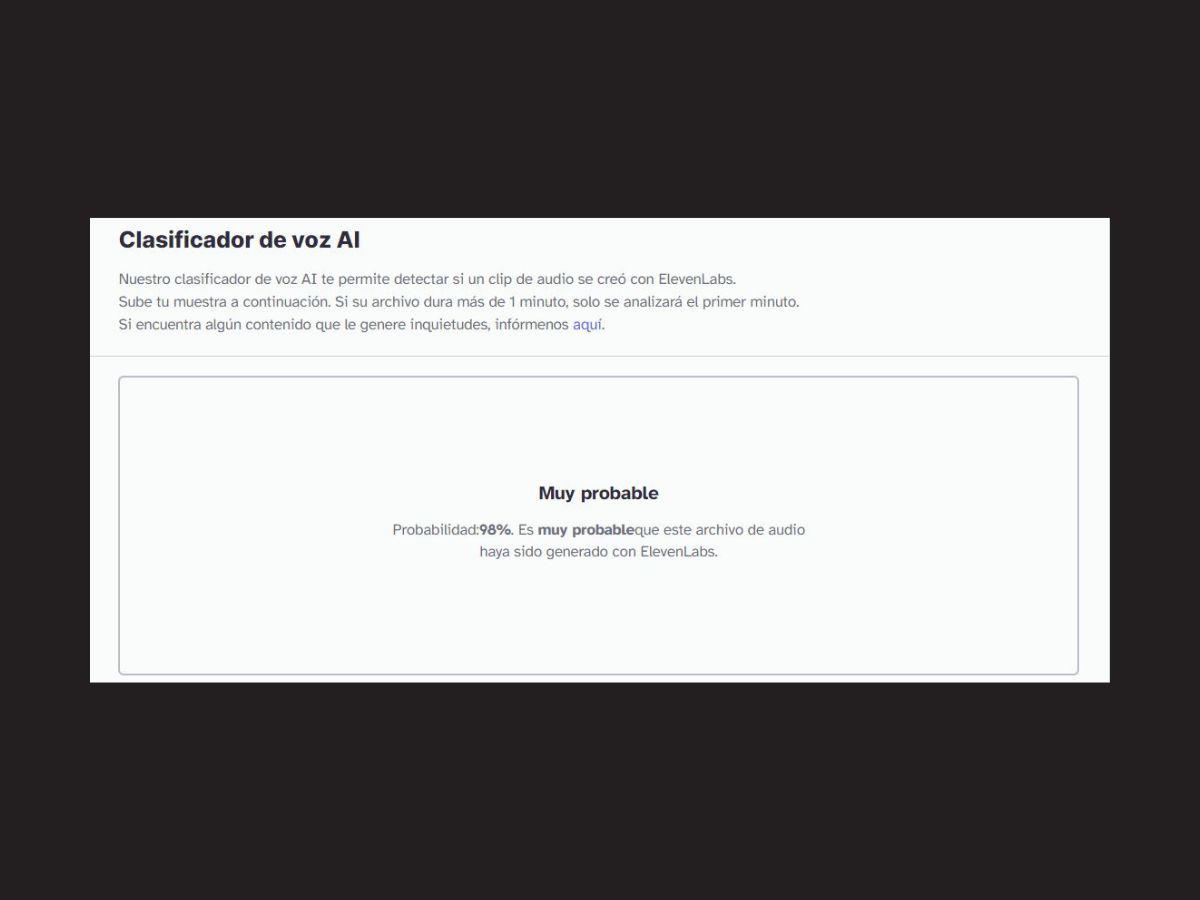 $!Captura de pantalla del resultado del audio falso en Eleven Labs realizada el 16 de enero de 2024.
