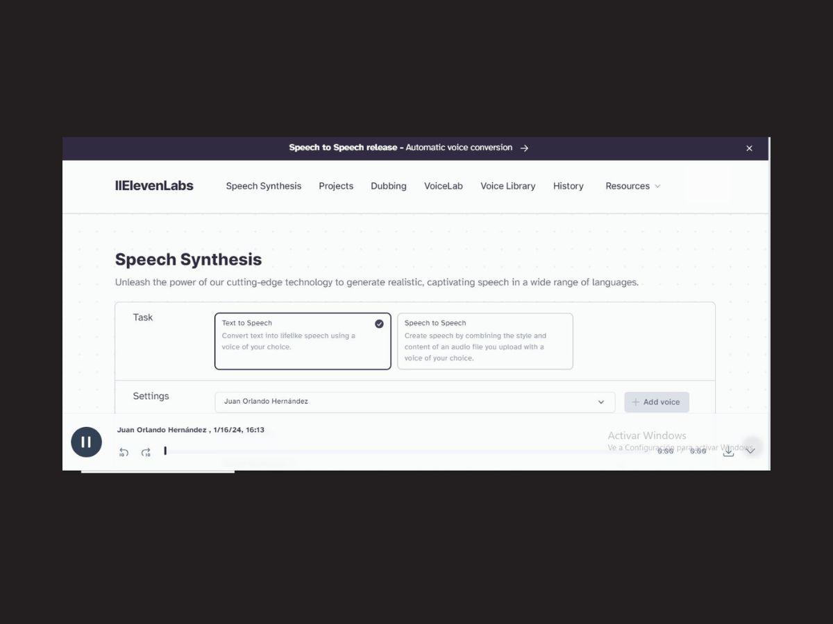 $!Captura de pantalla hecha al resultado obtenido por Eleven Labs el 16 de enero de 2024.